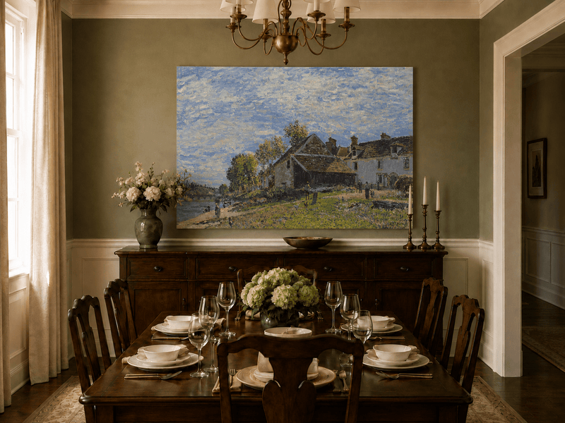 Hand-painted riverside village landscape artwork in an interior display.
