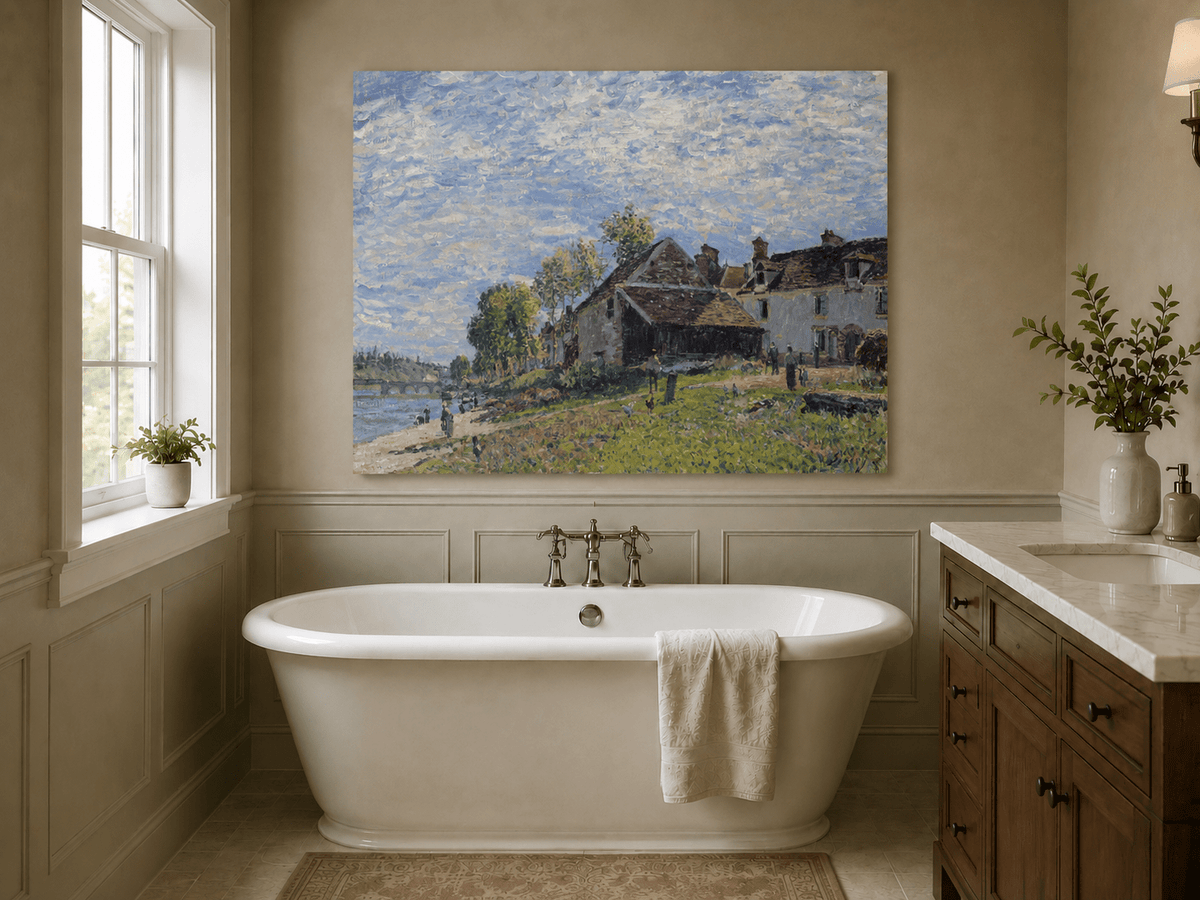 Riverside village houses in soft light landscape oil painting presented as styled home decor.