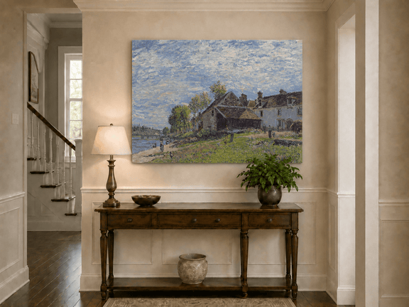 Soft-light riverside village landscape painting shown as decorative oil wall art.