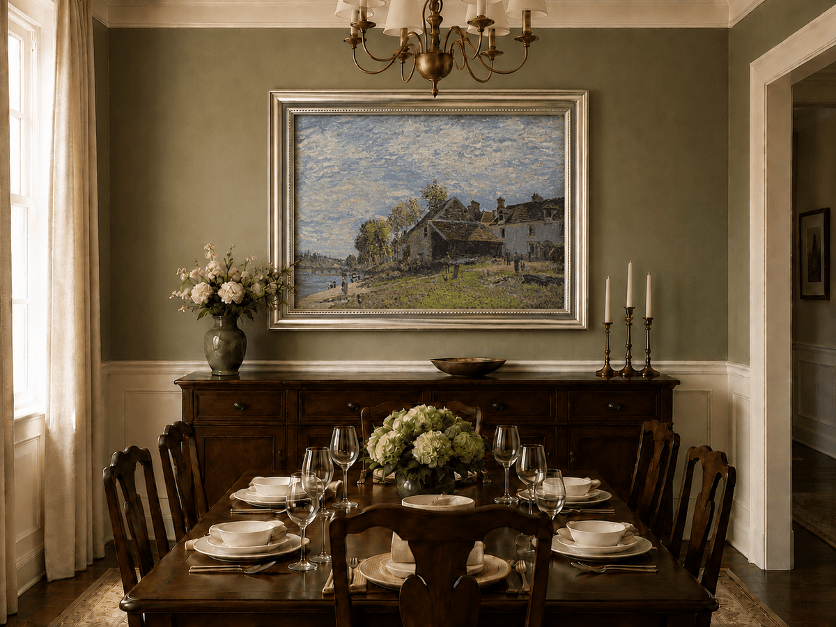 Riverside village houses oil landscape artwork shown in a styled home interior.