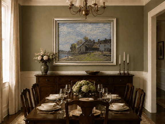 Riverside village houses oil landscape artwork shown in a styled home interior.