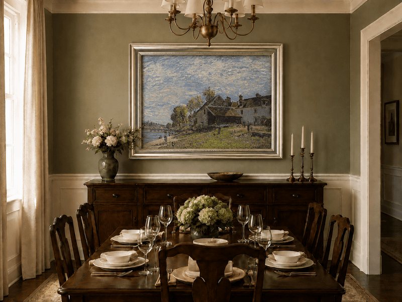 Riverside village houses oil landscape artwork shown in a styled home interior.