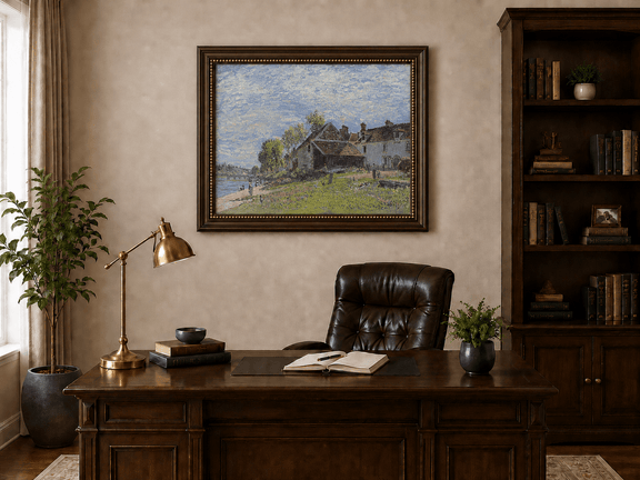 Soft riverside village landscape oil painting presented in an interior wall art mockup.