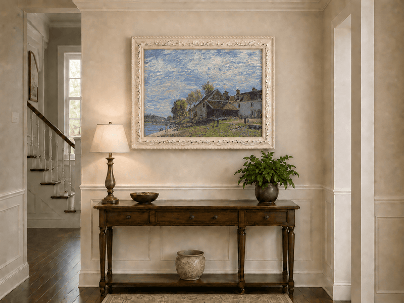 Riverside village houses in soft light hand-painted oil artwork shown as home wall decor.