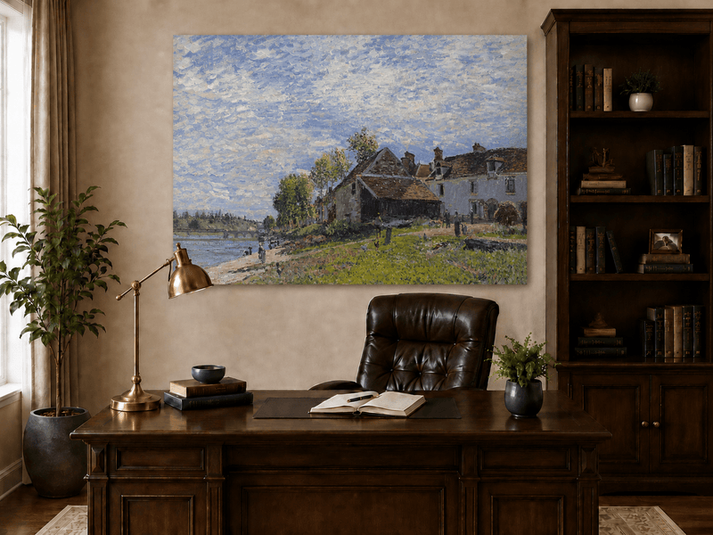 Interior wall art view featuring riverside village houses in soft light oil painting.