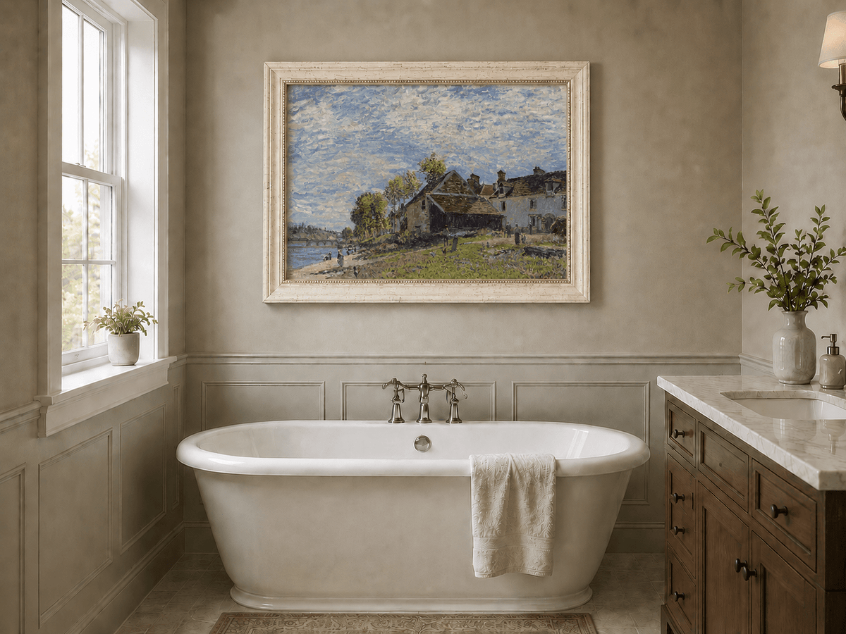 Riverside village landscape oil painting presented as interior home decor.