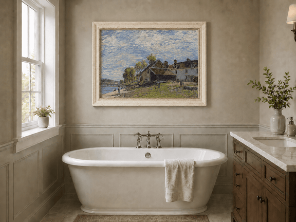 Riverside village landscape oil painting presented as interior home decor.