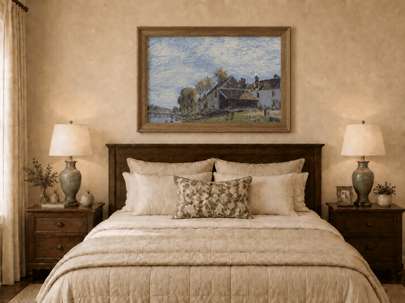 Hand-painted riverside village houses displayed as decorative wall art.