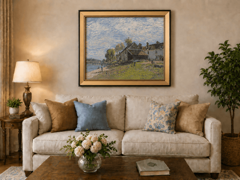 Riverside village houses in soft light landscape oil painting displayed in a styled home interior.