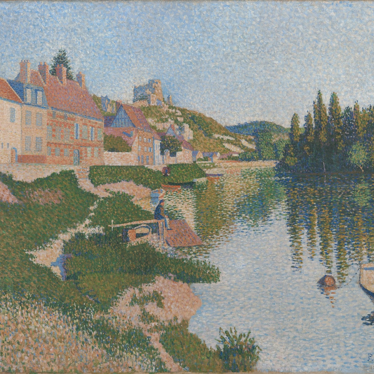 Hand-painted riverside village in soft light landscape oil painting on canvas