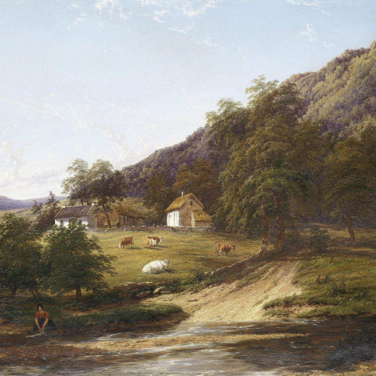 Landscape Oil Painting - Riverside village pasture & figures, cattle - Oil Painting Haven