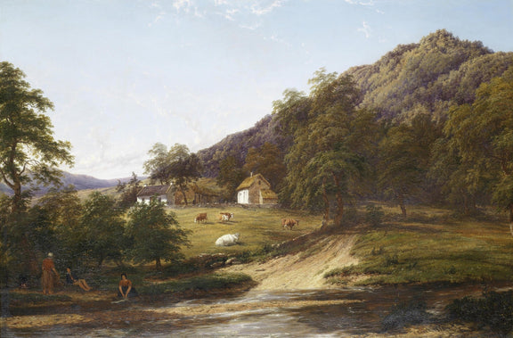 Landscape Oil Painting - Riverside village pasture & figures, cattle - Oil Painting Haven