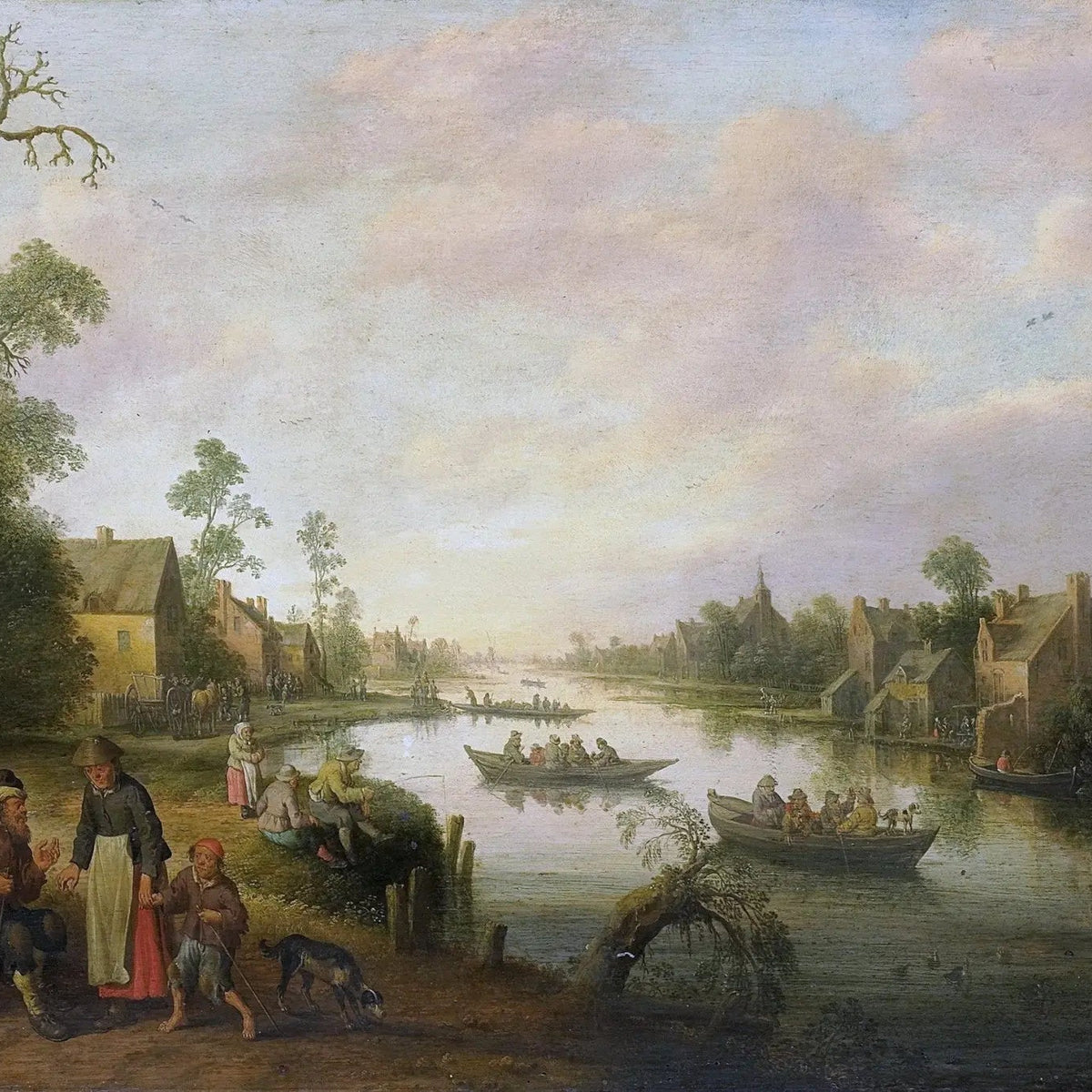 Landscape Oil Painting - Riverside Village Scene - Oil Painting Haven