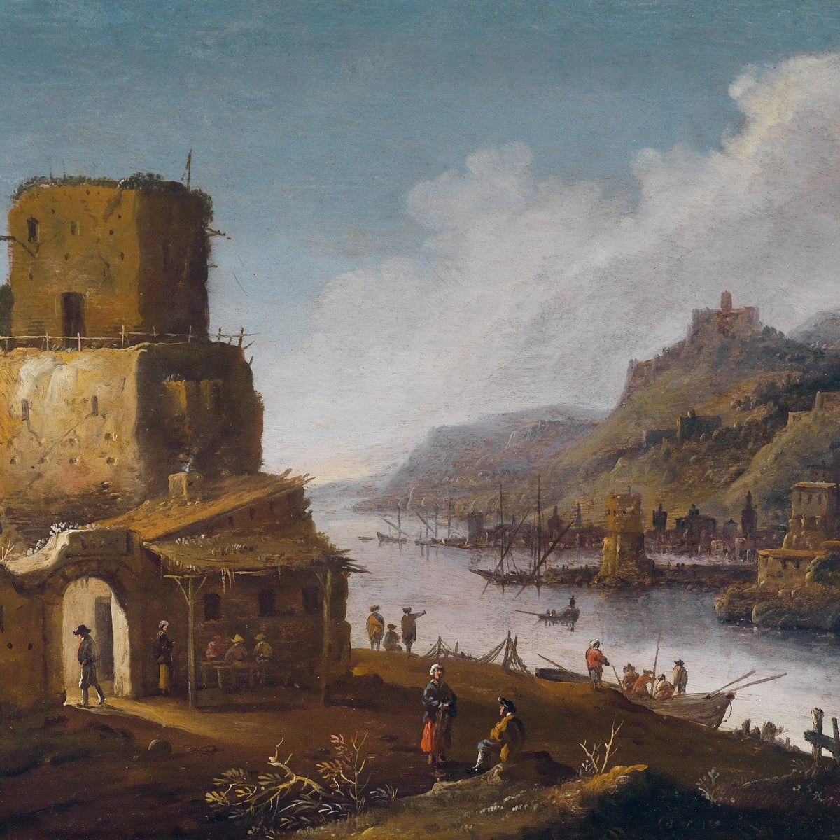Hand-painted riverside village with ancient tower landscape oil painting on canvas