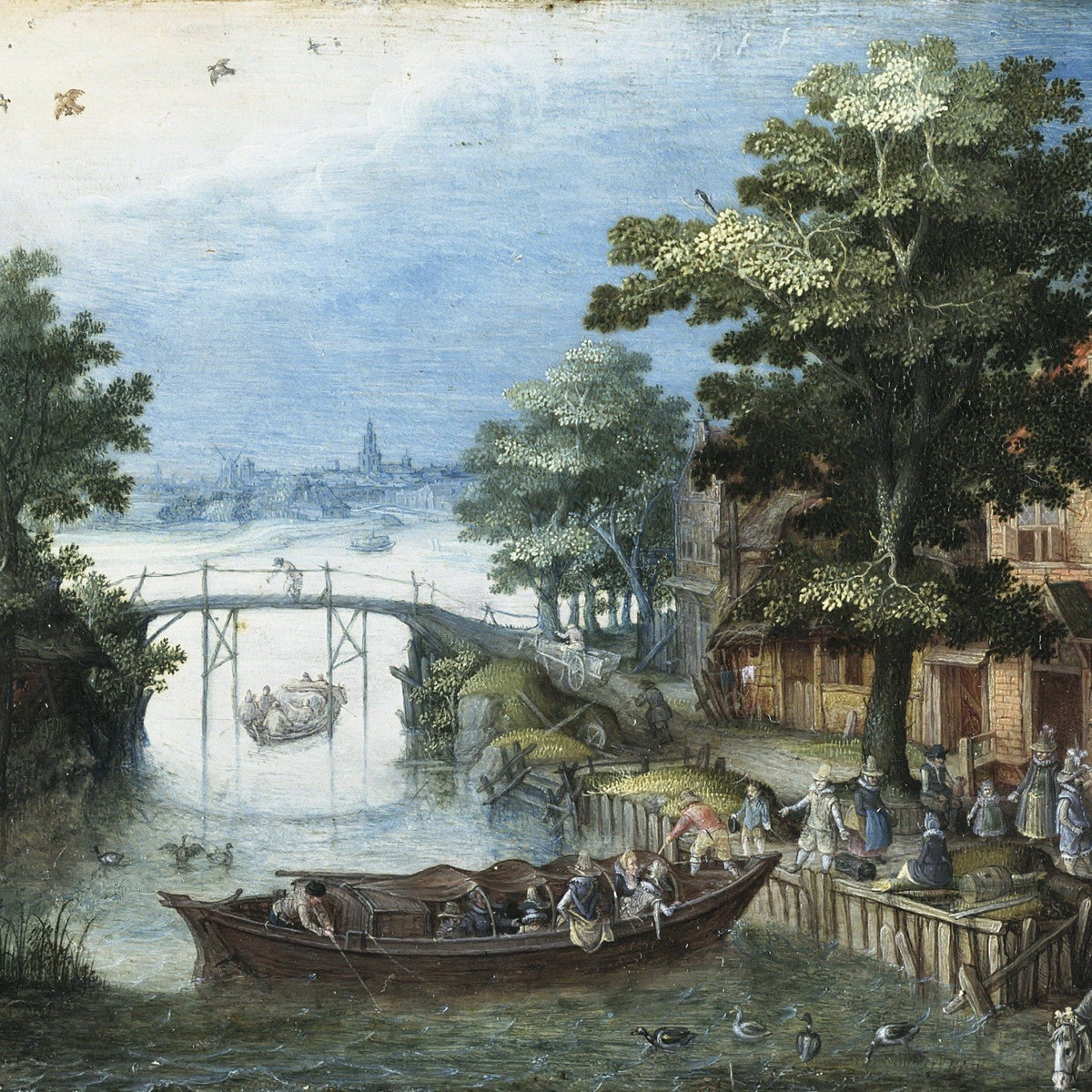 Hand-painted riverside village with boats and bridge landscape oil painting on canvas