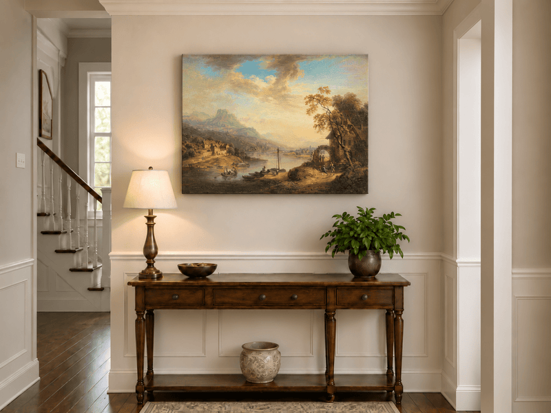 Landscape Oil Painting - Riverside Village with Boats at Sunset
