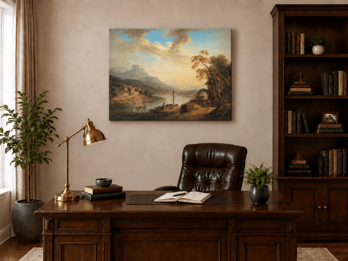 Landscape Oil Painting - Riverside Village with Boats at Sunset