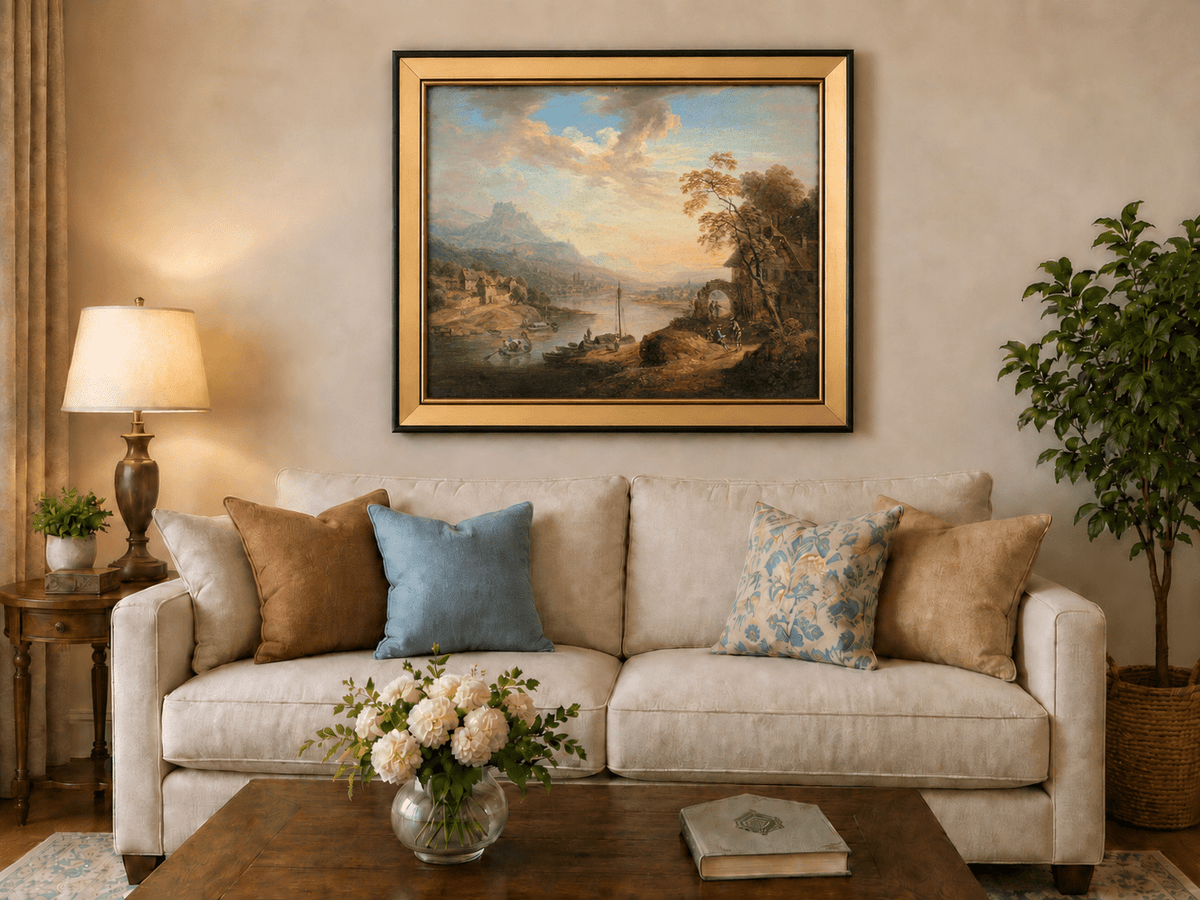 Landscape Oil Painting - Riverside Village with Boats at Sunset