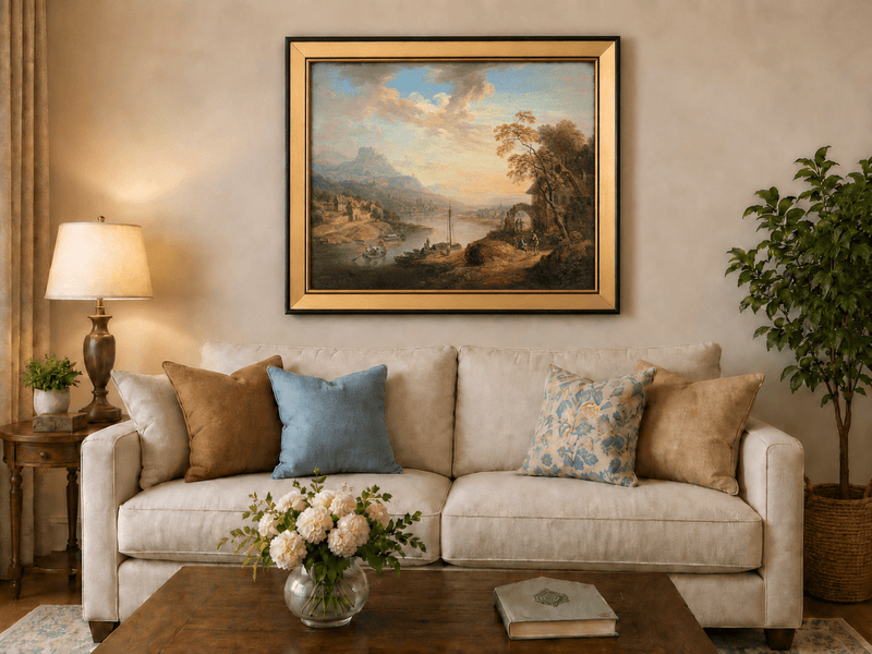 Landscape Oil Painting - Riverside Village with Boats at Sunset