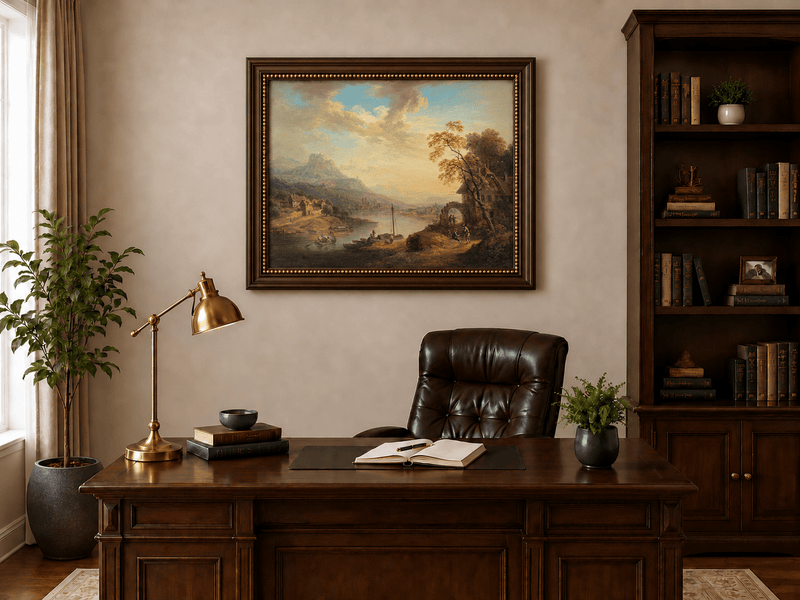 Landscape Oil Painting - Riverside Village with Boats at Sunset