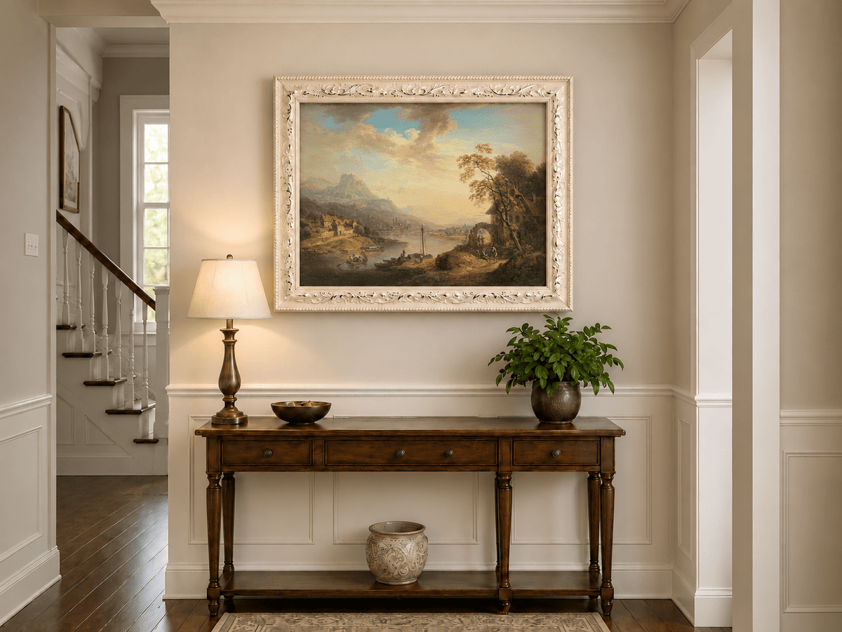 Landscape Oil Painting - Riverside Village with Boats at Sunset