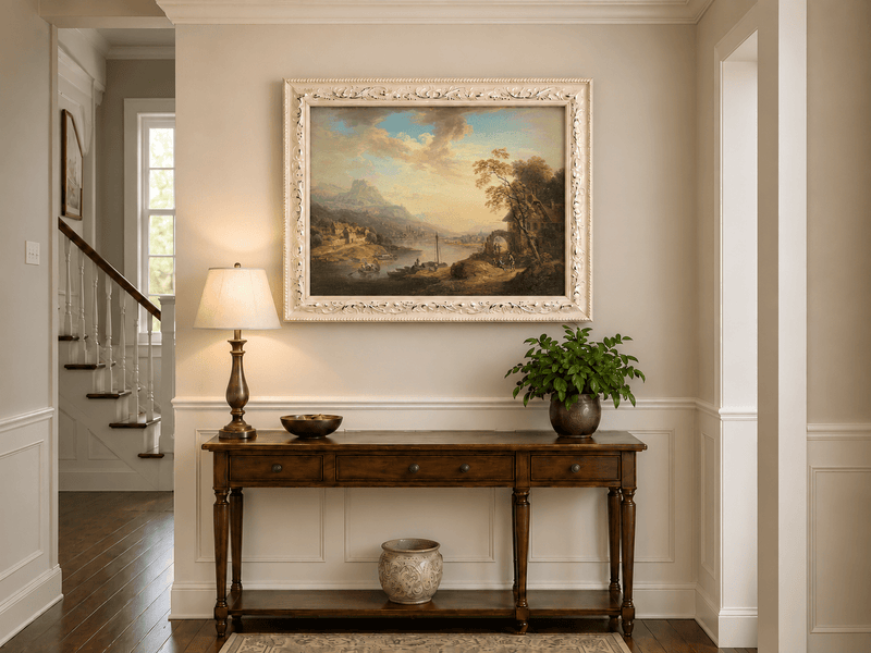 Landscape Oil Painting - Riverside Village with Boats at Sunset