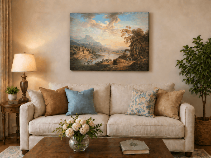 Landscape Oil Painting - Riverside Village with Boats at Sunset