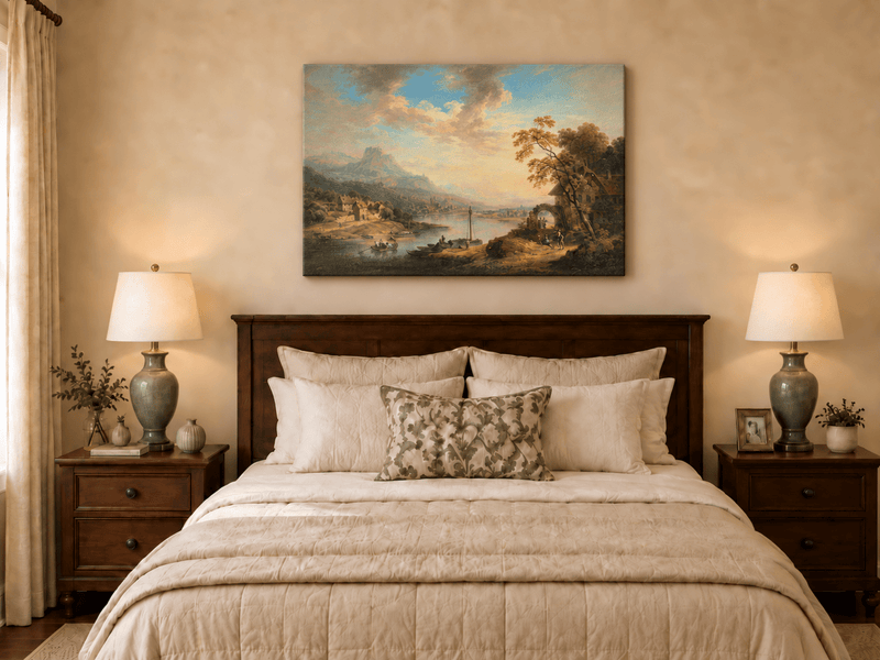 Landscape Oil Painting - Riverside Village with Boats at Sunset