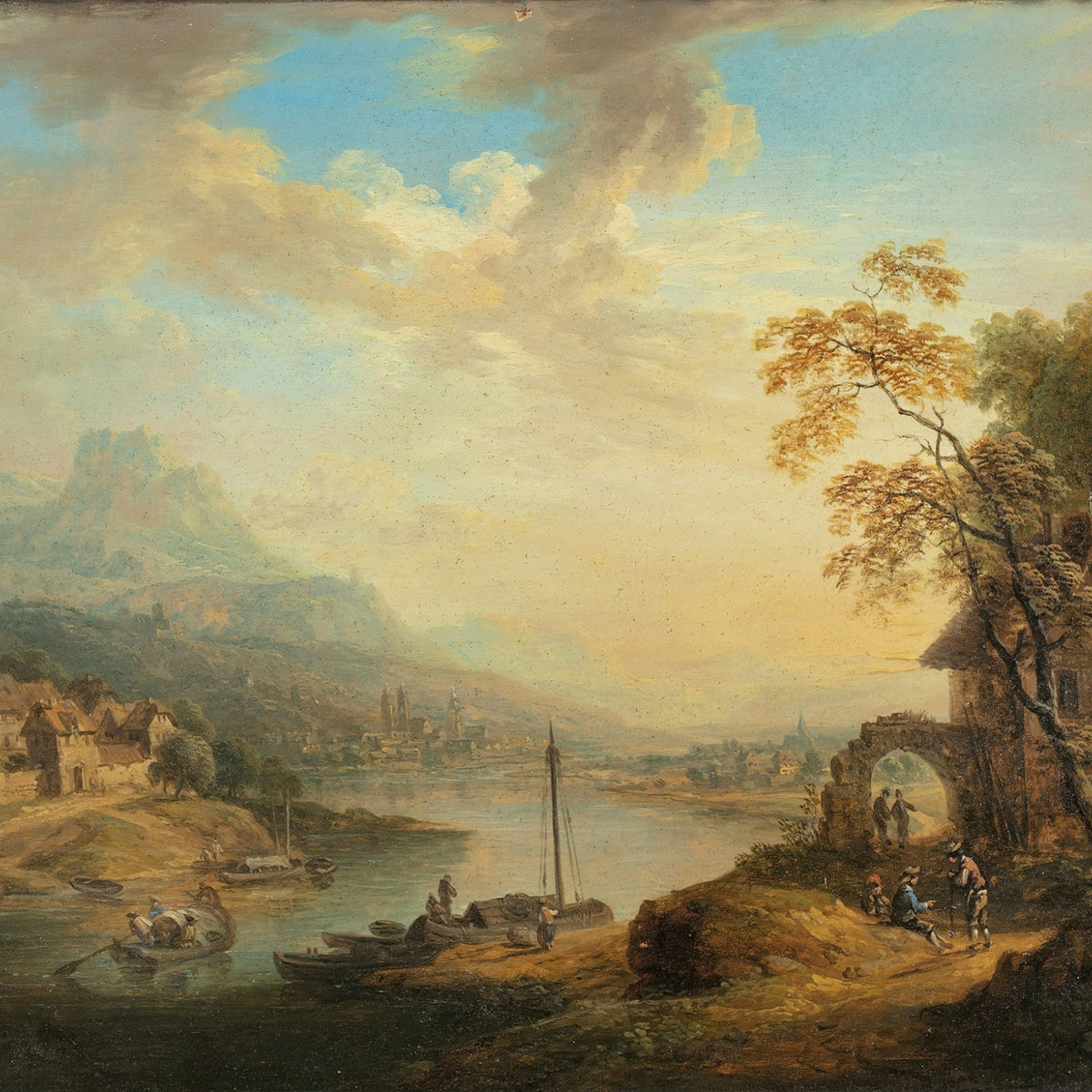 Hand-painted riverside village with boats at sunset landscape oil painting on canvas