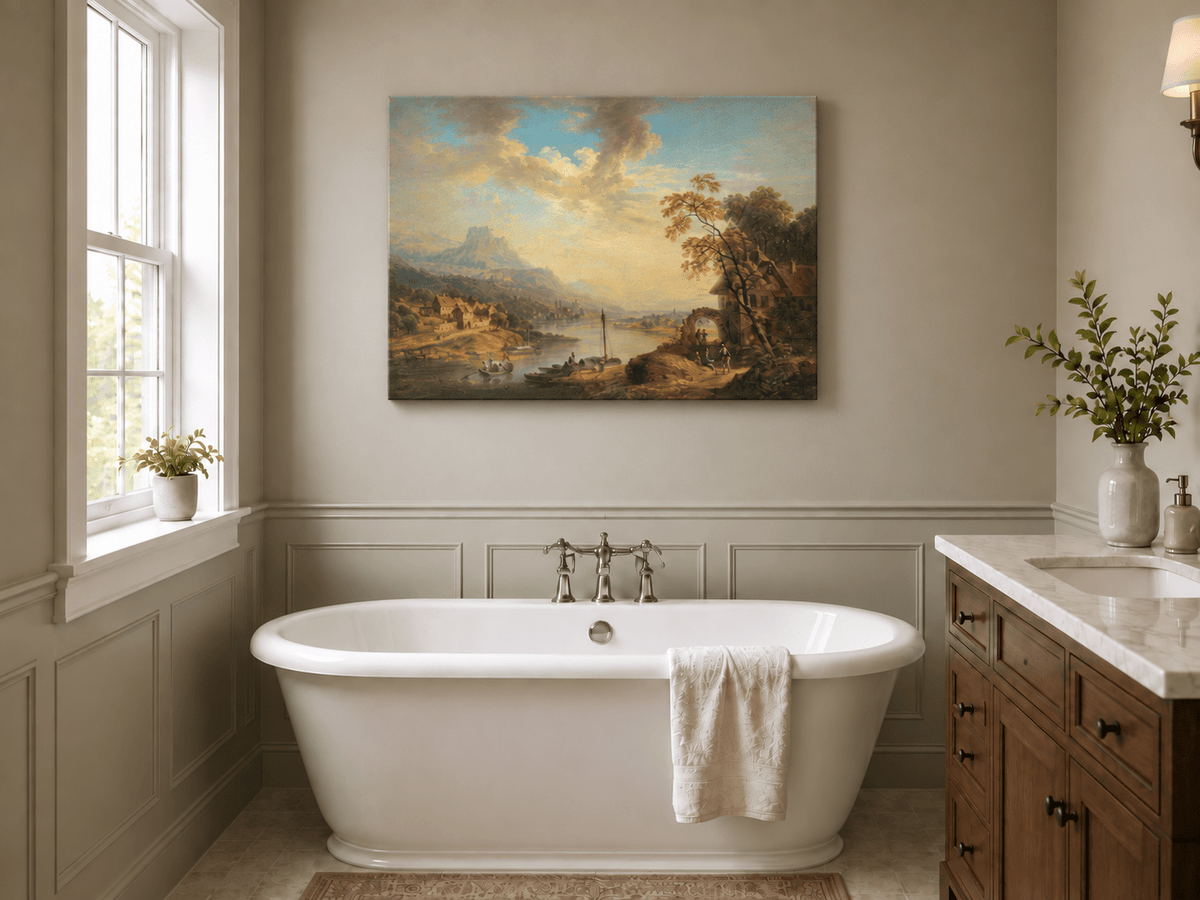 Landscape Oil Painting - Riverside Village with Boats at Sunset