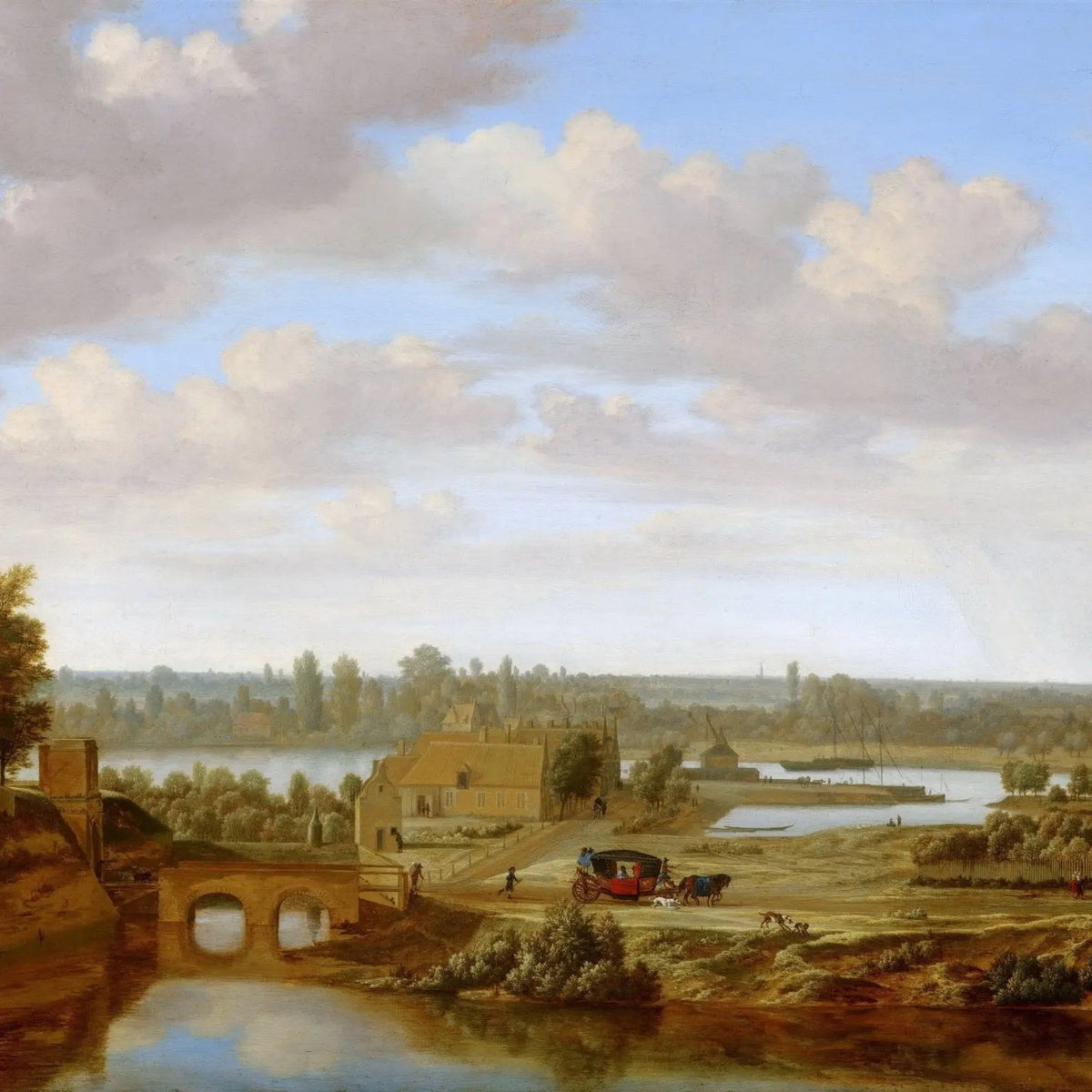 Landscape Oil Painting - Riverside Village with Bridge and Carriage - Oil Painting Haven