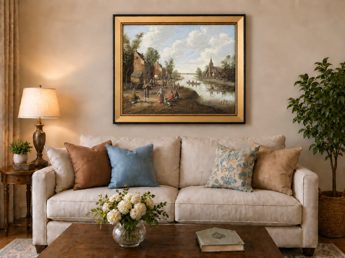 Hand-painted Riverside Village with Church and Boats landscape oil painting displayed as wall art in a styled interior