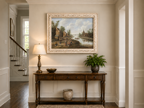 Hand-painted Riverside Village with Church and Boats landscape oil painting displayed as wall art in a styled interior