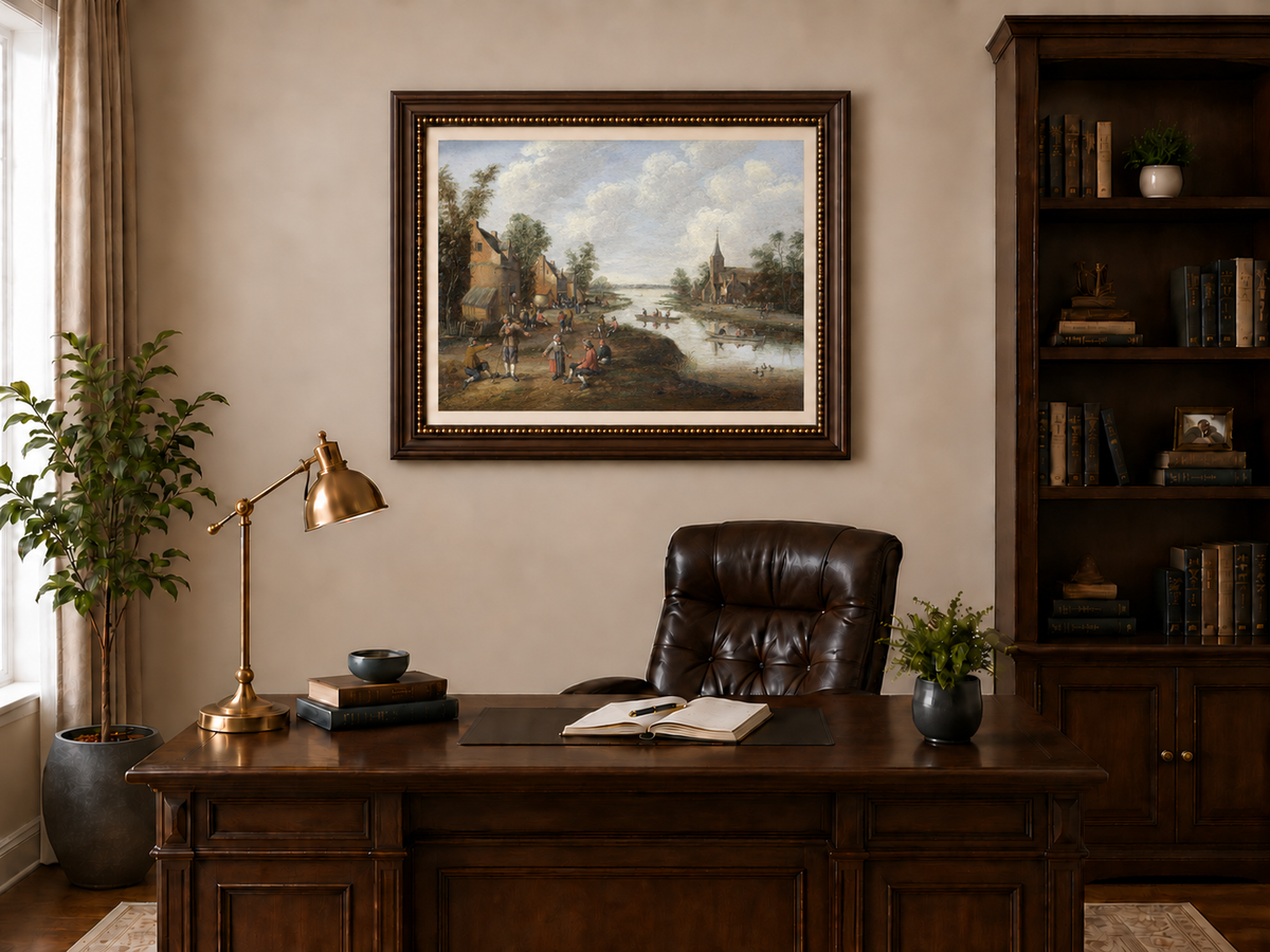 Hand-painted Riverside Village with Church and Boats landscape oil painting displayed as wall art in a styled interior