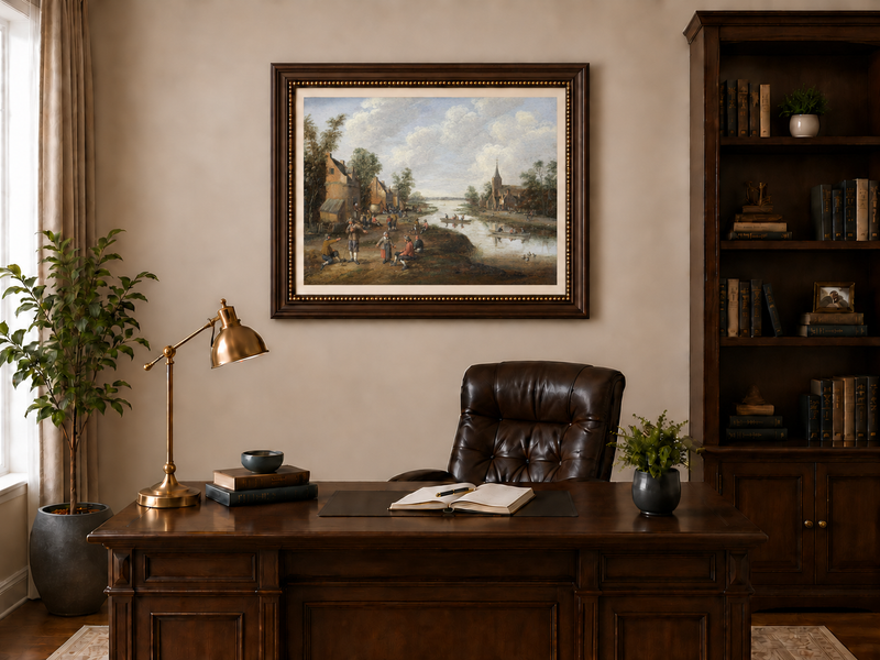 Hand-painted Riverside Village with Church and Boats landscape oil painting displayed as wall art in a styled interior
