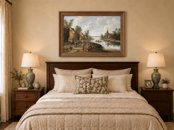 Hand-painted Riverside Village with Church and Boats landscape oil painting displayed as wall art in a styled interior