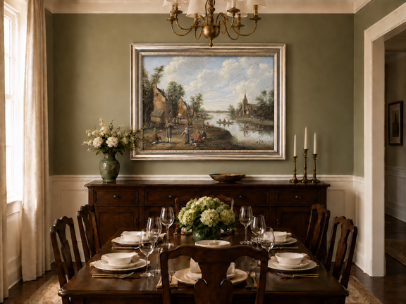 Hand-painted Riverside Village with Church and Boats landscape oil painting displayed as wall art in a styled interior