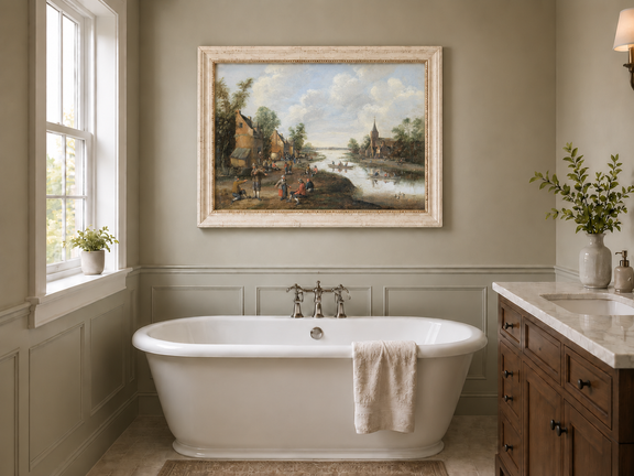 Hand-painted Riverside Village with Church and Boats landscape oil painting displayed as wall art in a styled interior