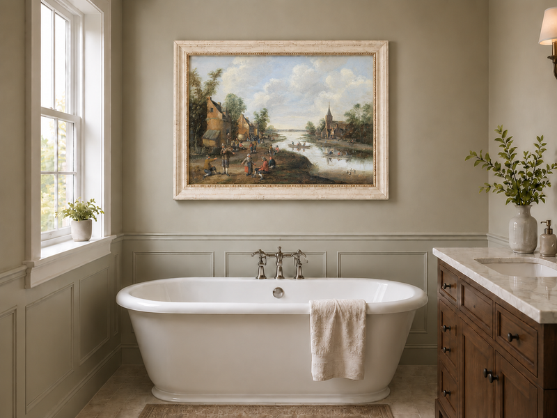 Hand-painted Riverside Village with Church and Boats landscape oil painting displayed as wall art in a styled interior