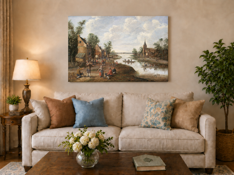 Hand-painted Riverside Village with Church and Boats landscape oil painting displayed as wall art in a styled interior