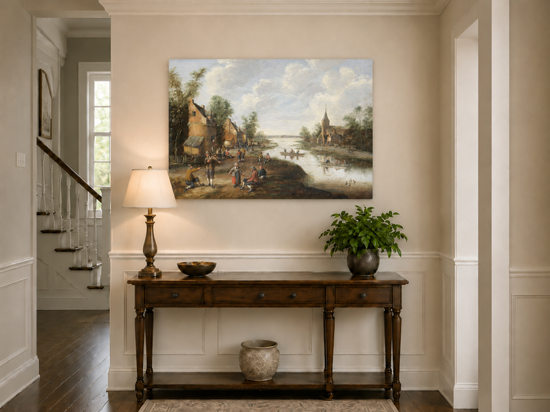 Hand-painted Riverside Village with Church and Boats landscape oil painting displayed as wall art in a styled interior