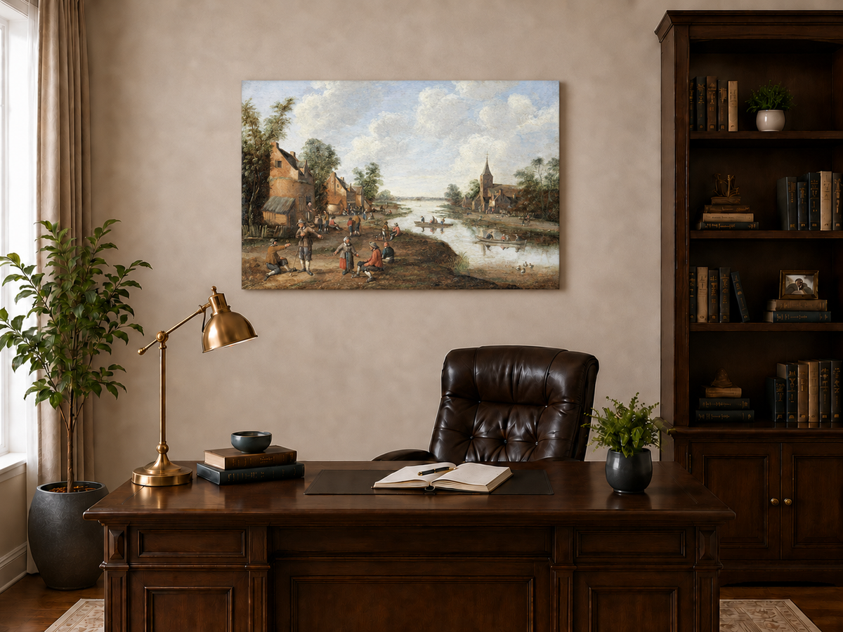 Hand-painted Riverside Village with Church and Boats landscape oil painting displayed as wall art in a styled interior