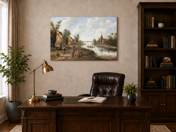 Hand-painted Riverside Village with Church and Boats landscape oil painting displayed as wall art in a styled interior