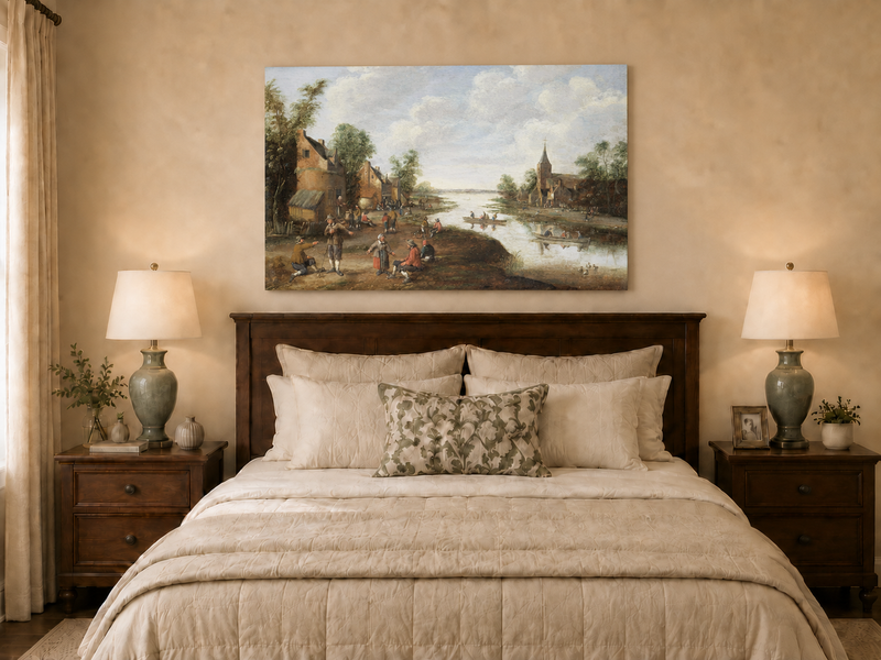 Hand-painted Riverside Village with Church and Boats landscape oil painting displayed as wall art in a styled interior