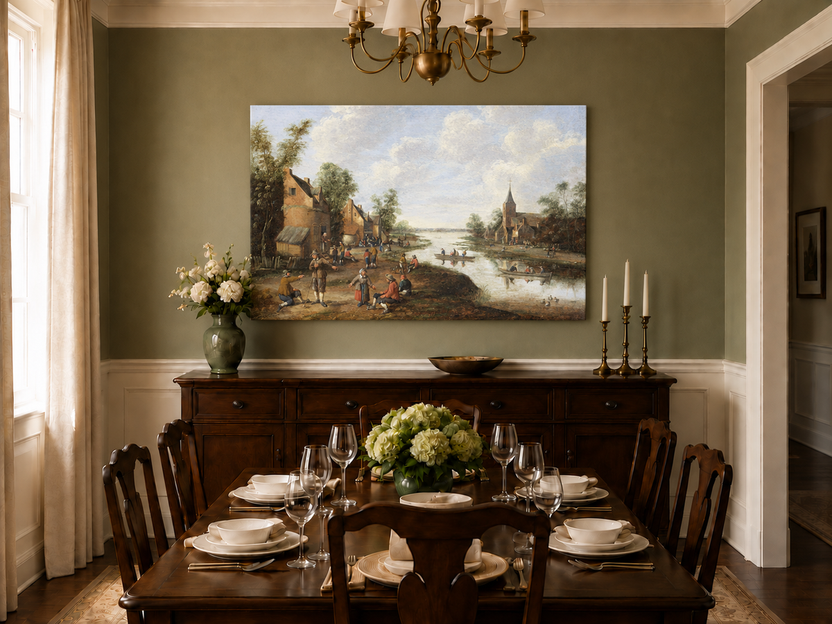Hand-painted Riverside Village with Church and Boats landscape oil painting displayed as wall art in a styled interior