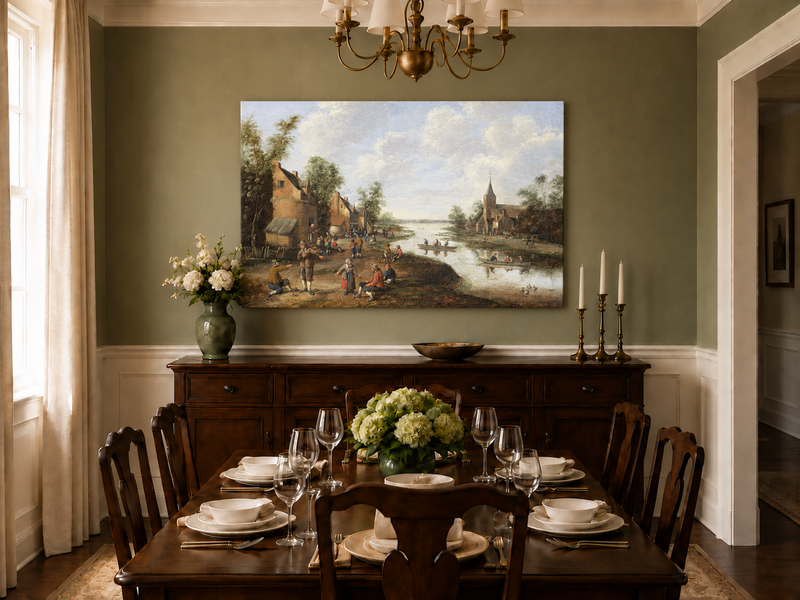 Hand-painted Riverside Village with Church and Boats landscape oil painting displayed as wall art in a styled interior