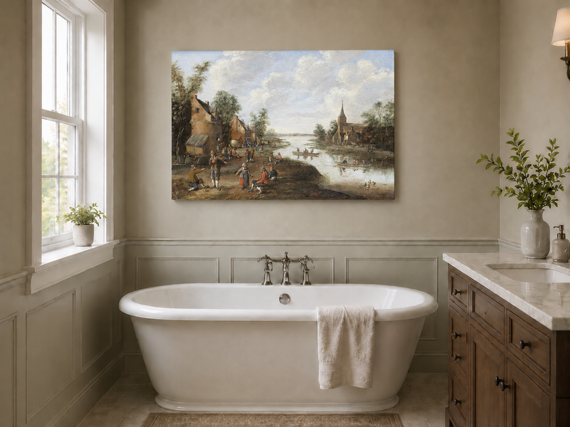Hand-painted Riverside Village with Church and Boats landscape oil painting displayed as wall art in a styled interior