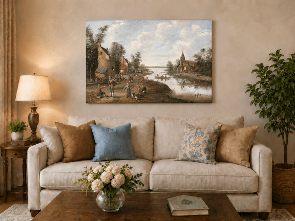 Hand-painted Riverside Village with Church and Boats landscape oil painting displayed as wall art in a styled interior