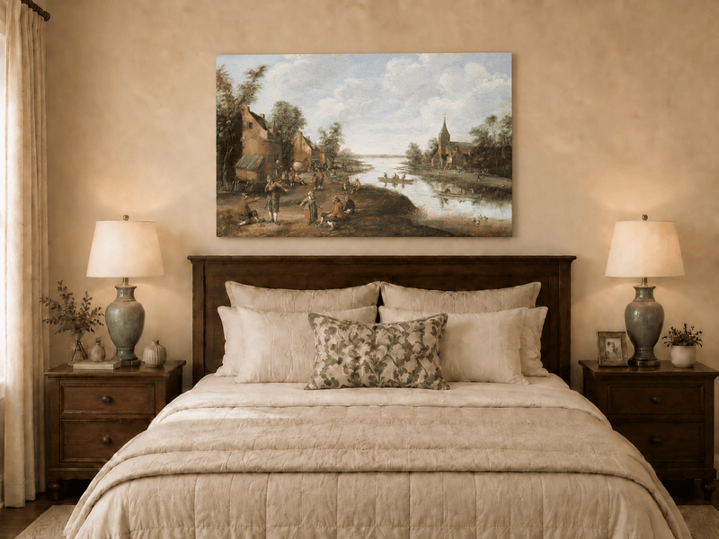 Hand-painted Riverside Village with Church and Boats landscape oil painting displayed as wall art in a styled interior