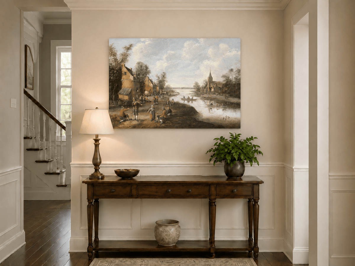Hand-painted Riverside Village with Church and Boats landscape oil painting displayed as wall art in a styled interior